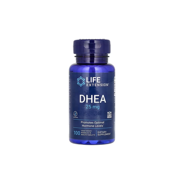 A blue bottle of Life Extension DHEA 25 mg with 100 vegetarian dissolve-in-mouth tablets to support hormonal balance.